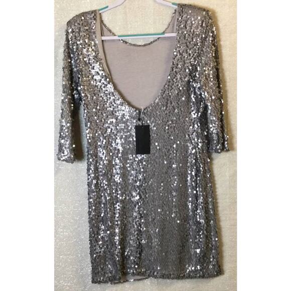 NWT BLAQUE LABEL Silver Gray Sequin Low Back Dress sz Large - Picture 4 of 10
